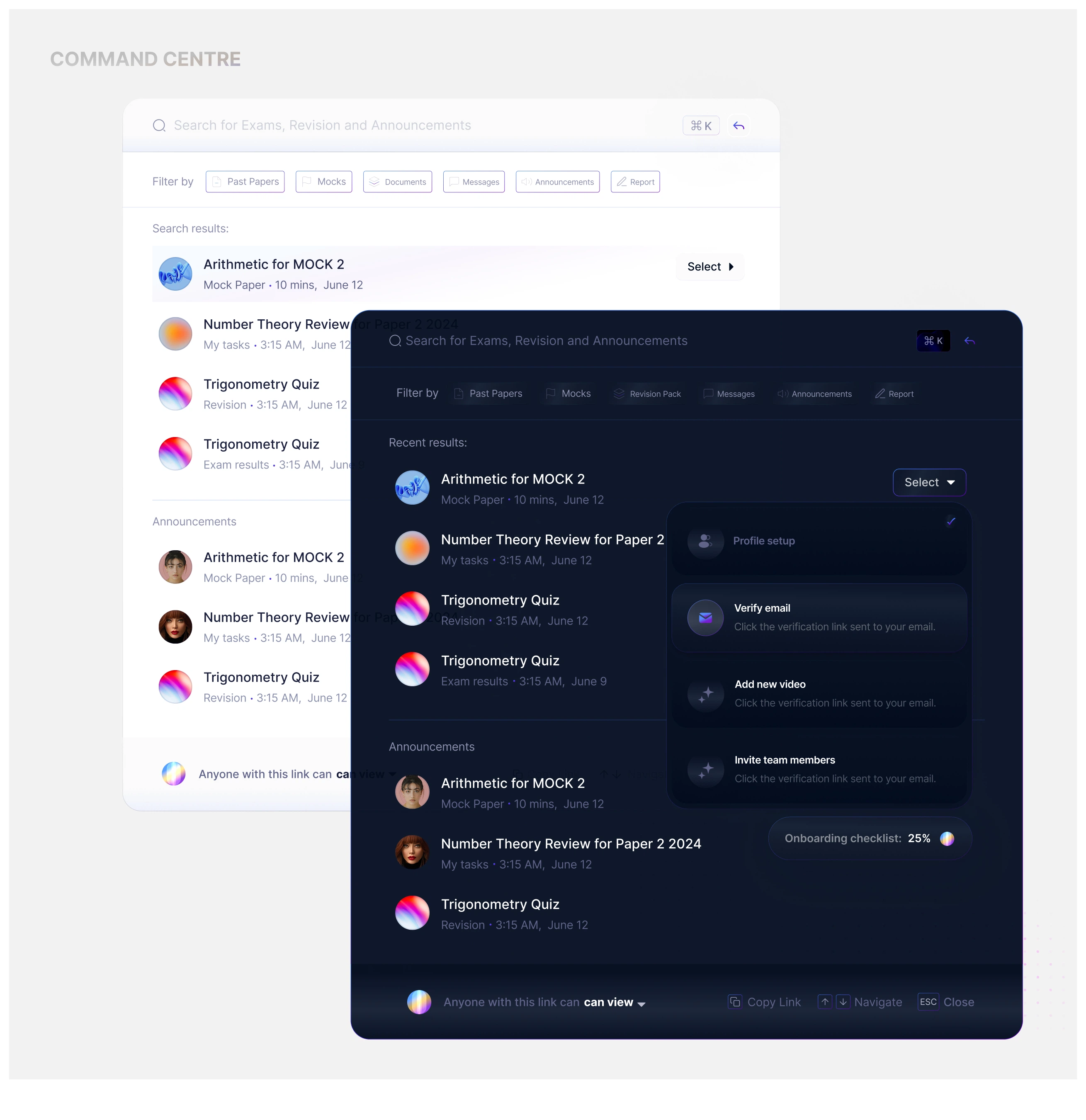 Light and dark command search interfaces