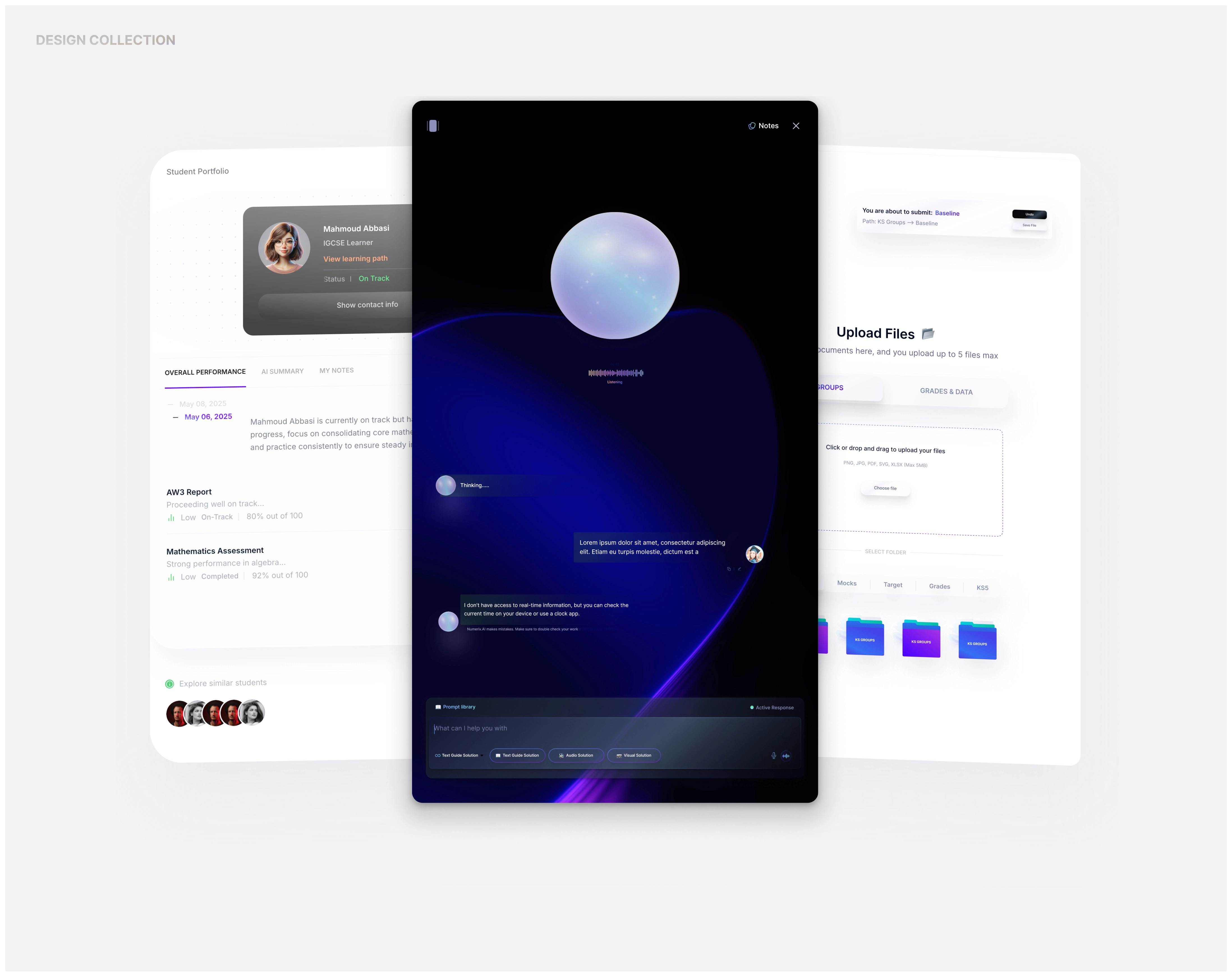 Student portfolio, AI assistant and file upload interfaces