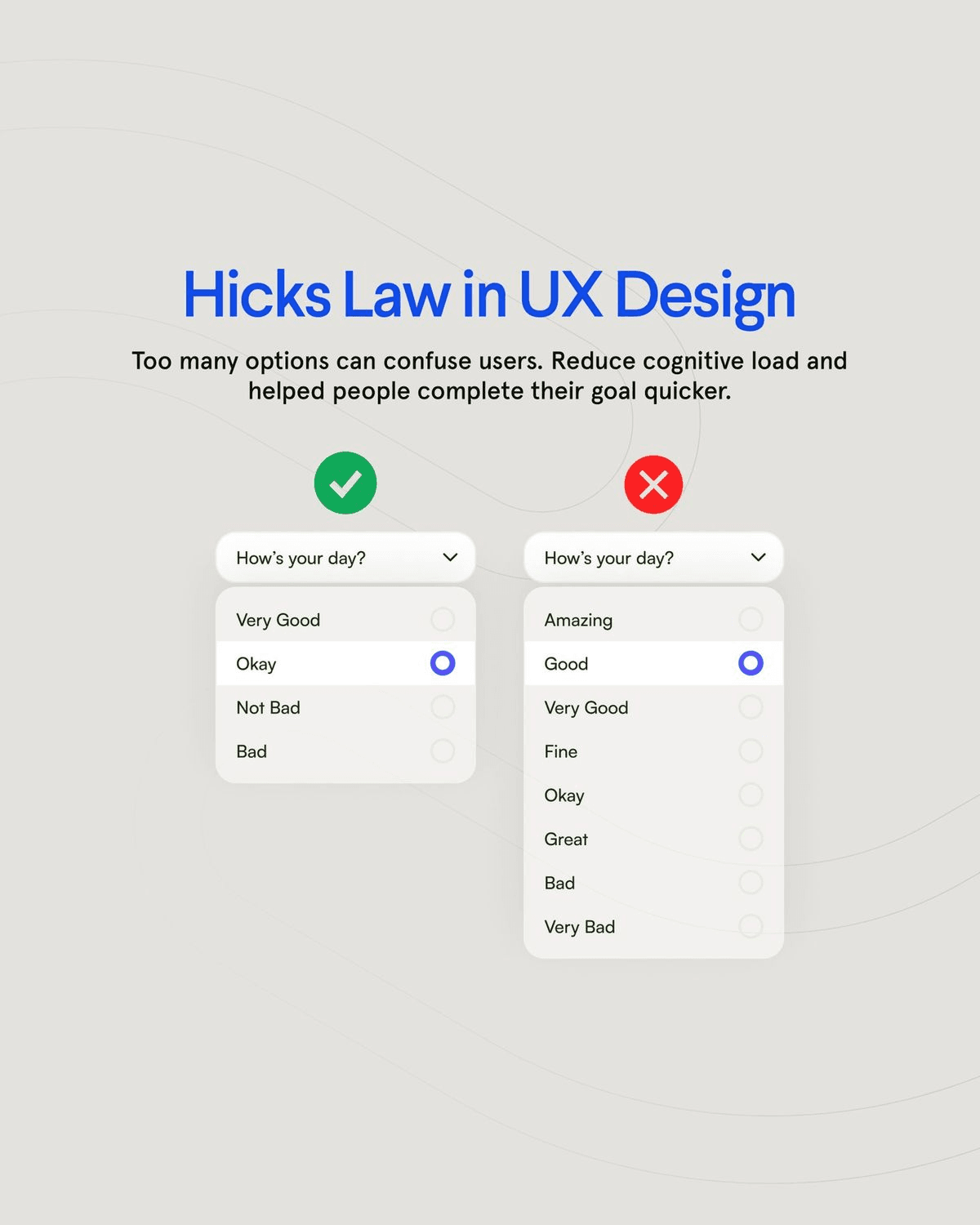 Two versions of a mood selector: a focused four-option menu and a longer eight-option menu.